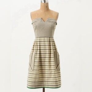 NWT Anthropologie Maeve Ivory Striped Button-back Pocket Dress w/Green Accents 4